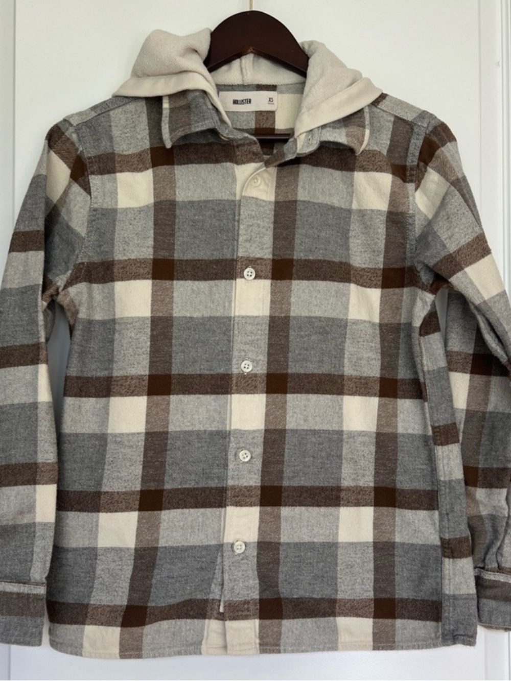 Hollister Men's Plaid Flannel Hooded Shirt Jacket Brown Gray Cream Shacket XS